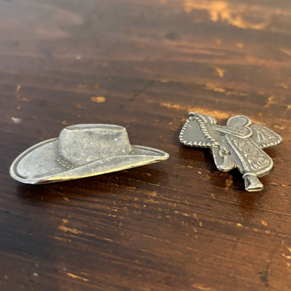 Vintage Southwest Style Silver Tone Hat & Saddle Button Covers – Set of 2 - Picture 2 of 7